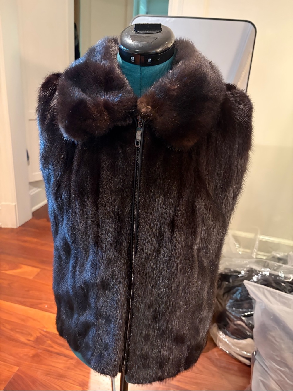 Dark Brown Real Mink Fur Vest with Folded Collar